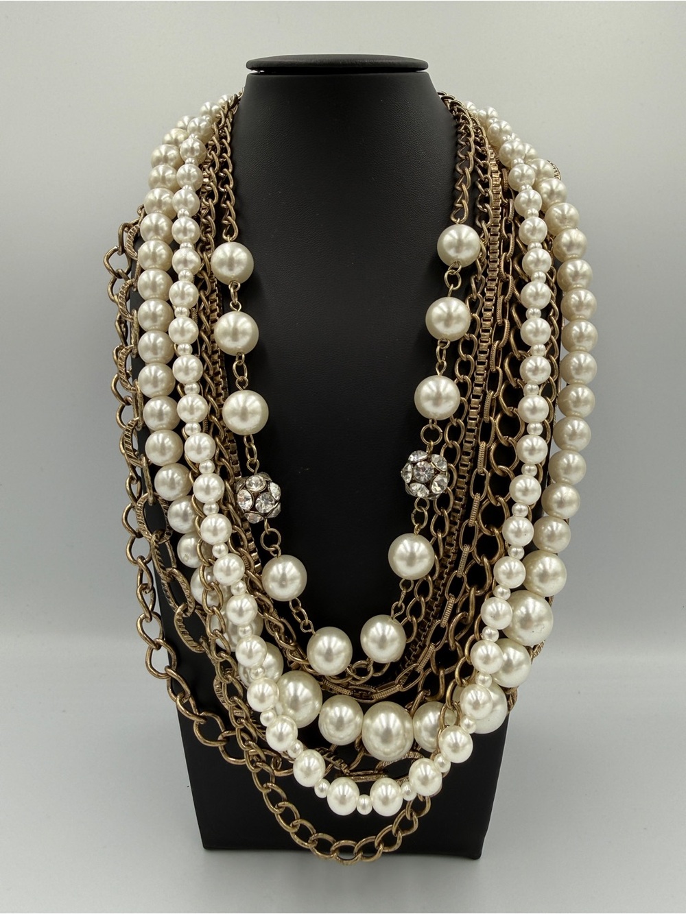 Layered Ivory Pearl and Gold Chain Statement Necklace